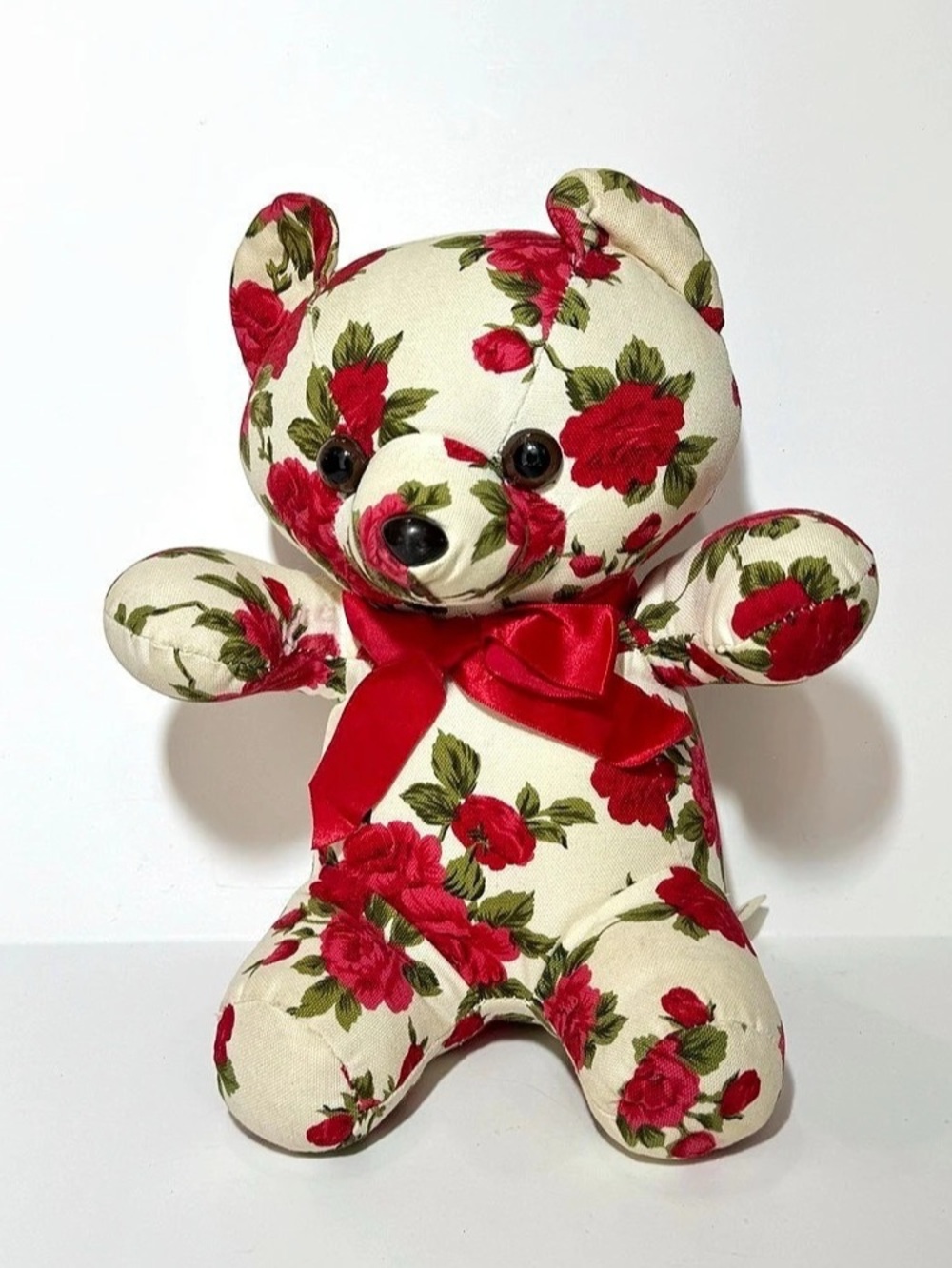 Vintage 1989 Milaca Mills Floral Rose Fabric Teddy Bear